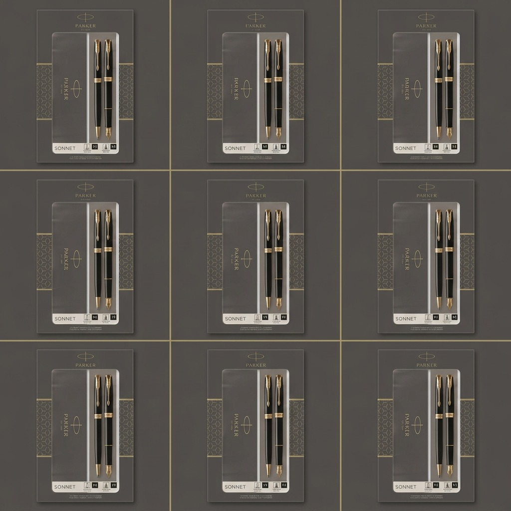 Grid of Parker Sonnet Duo Gift Sets featuring gloss black fountain and ballpoint pens with gold trim.