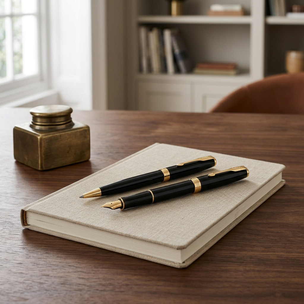 Parker Sonnet gloss black fountain pen and ballpoint set with gold trim on a fabric notebook.