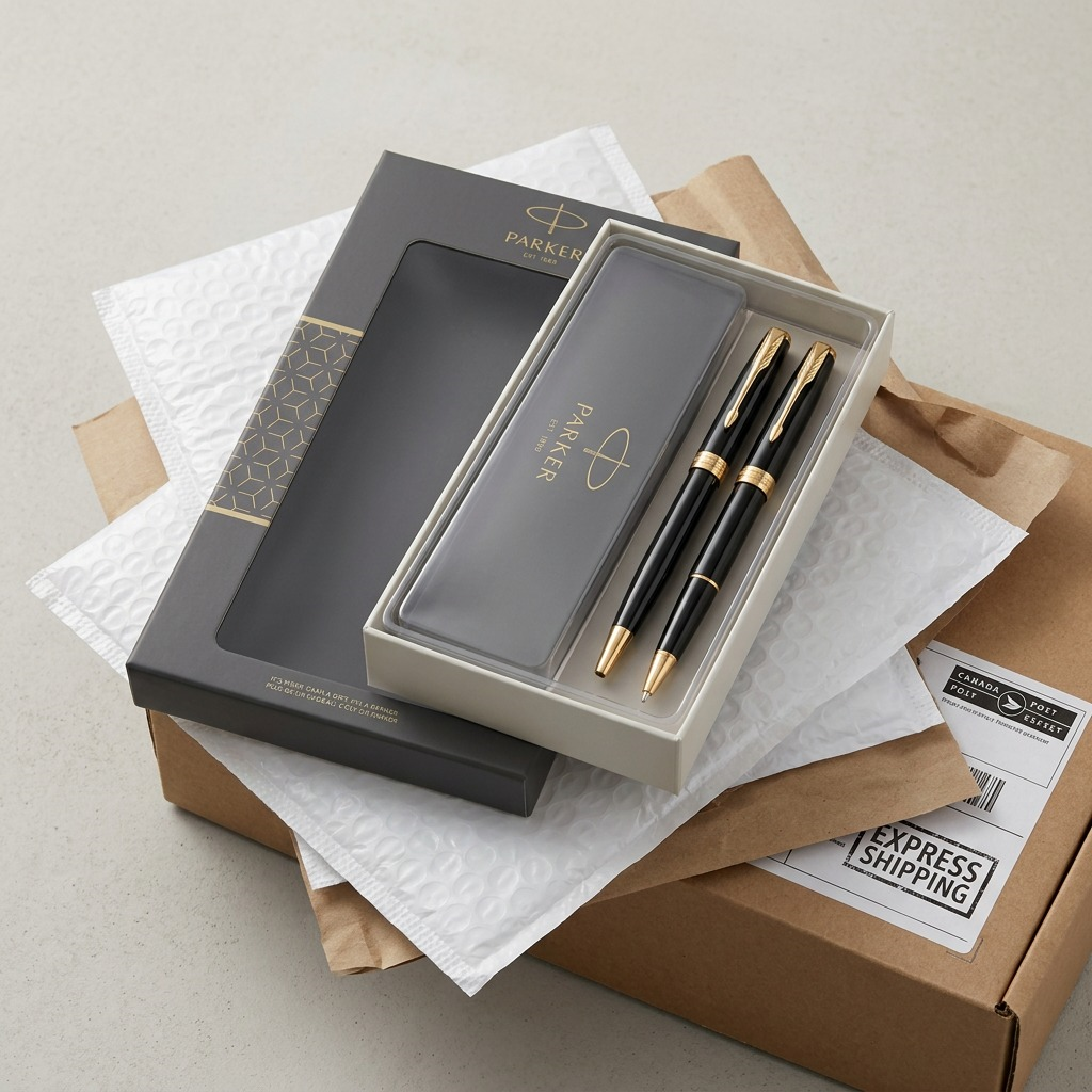 Parker Sonnet Duo Gift Set with gloss black pens in protective shipping box with bubble wrap.