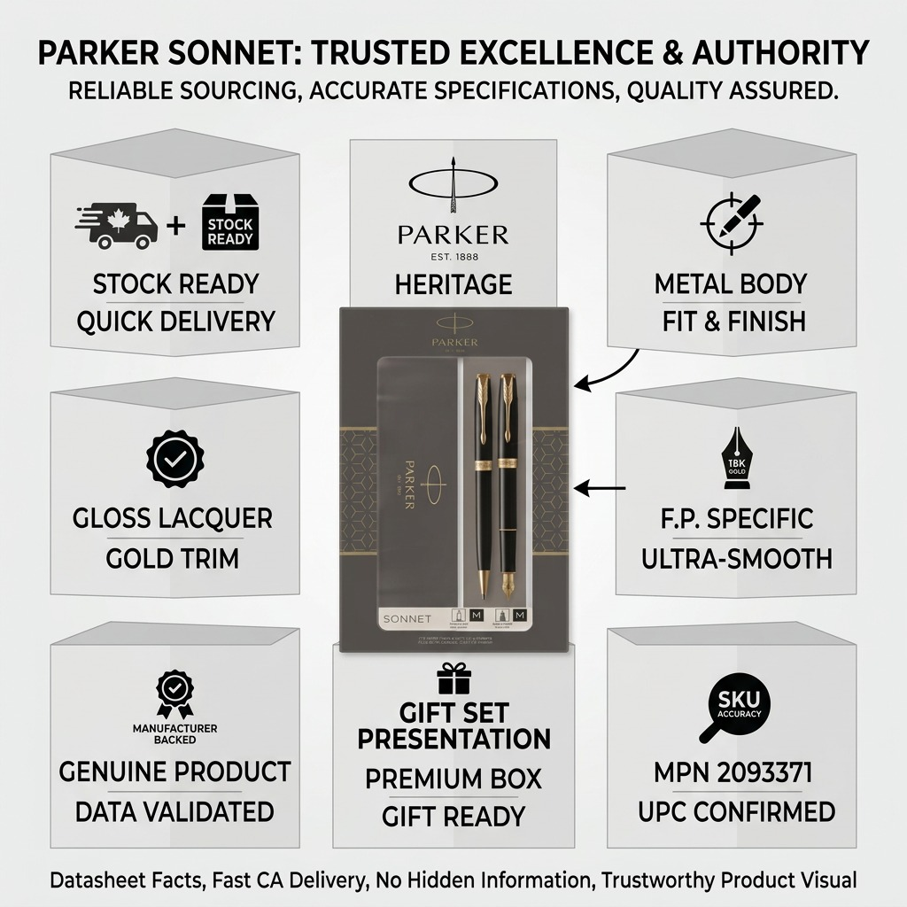 Infographic for Parker Sonnet Duo Gift Set showing product features, gift box, and fast Canada shipping.