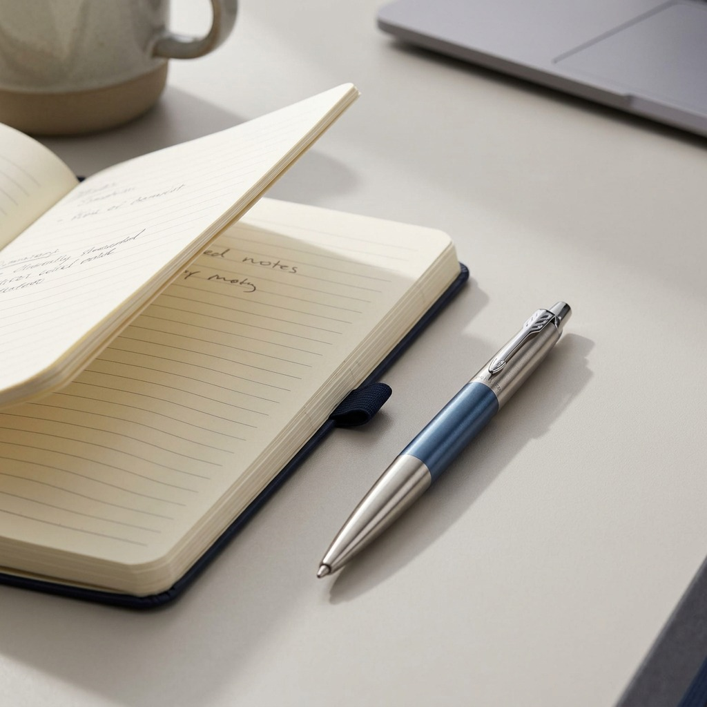 Scale reference: Parker Jotter Waterloo Blue ballpoint pen on a desk beside an open lined notebook.