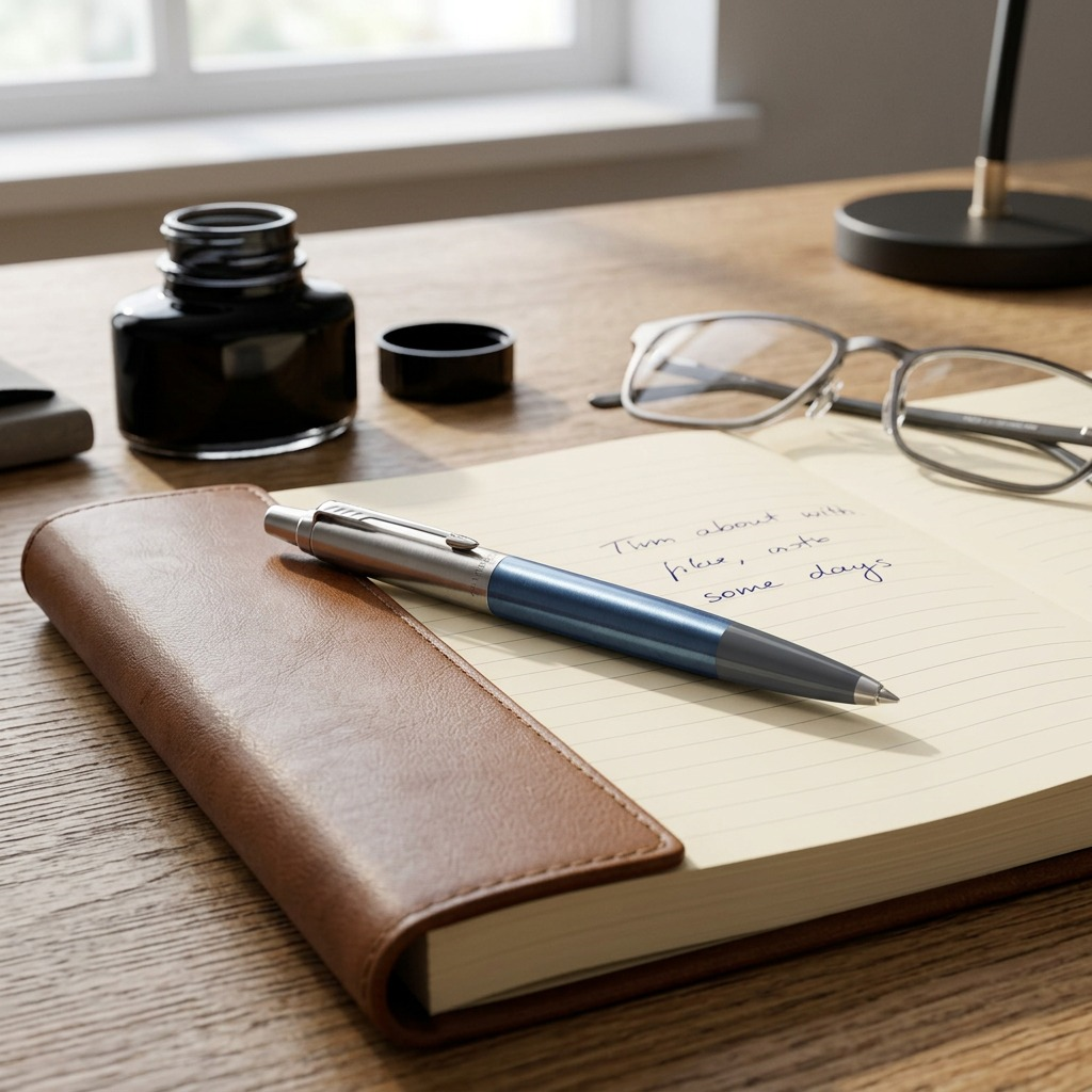 A Parker Jotter Ballpoint Pen in Waterloo Blue rests on a lined leather notebook in a home office.