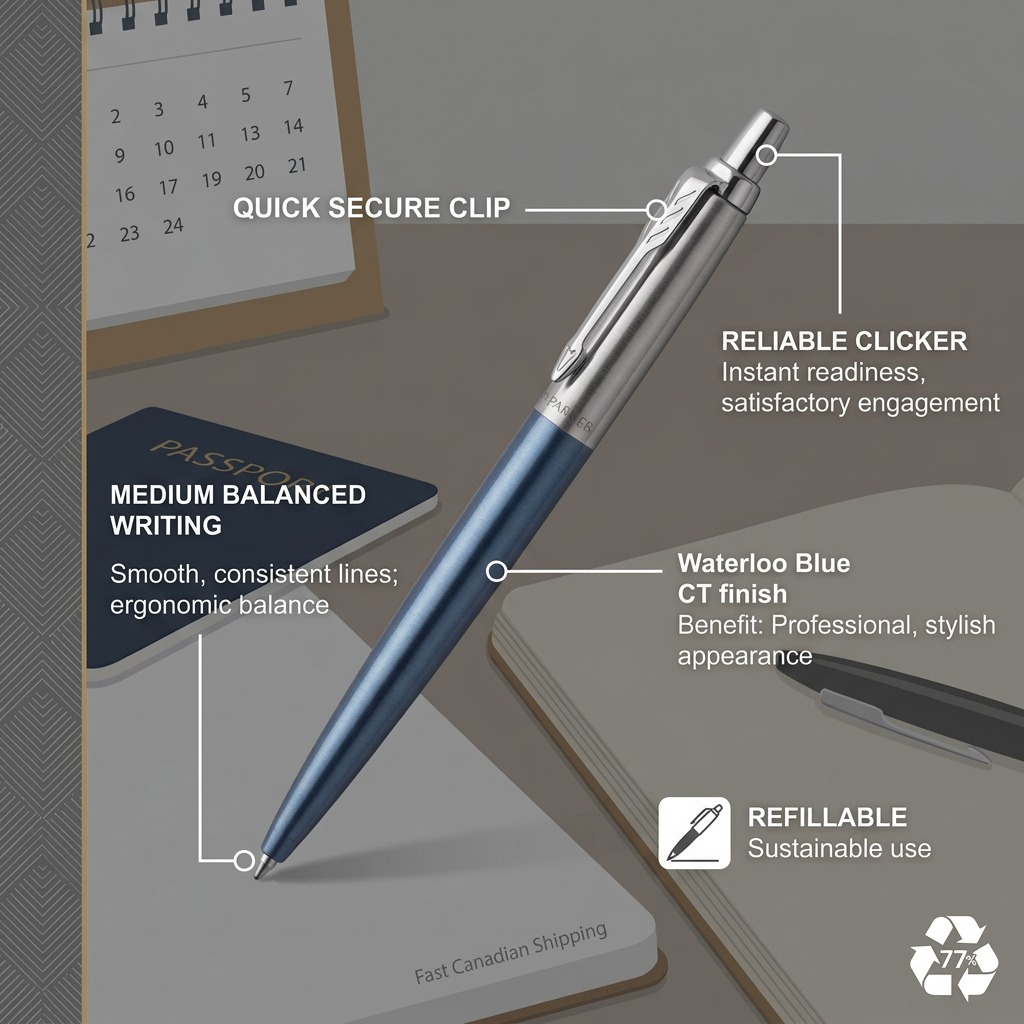 Feature graphic of a Waterloo Blue Parker Jotter Ballpoint Pen detailing its clip, clicker, and refillable design.