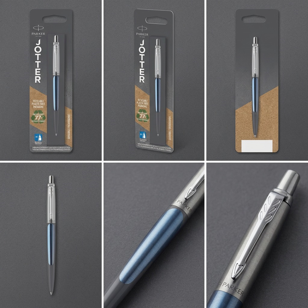 Grid showing the Parker Jotter Waterloo Blue pen in packaging, full body, and close-up detail.