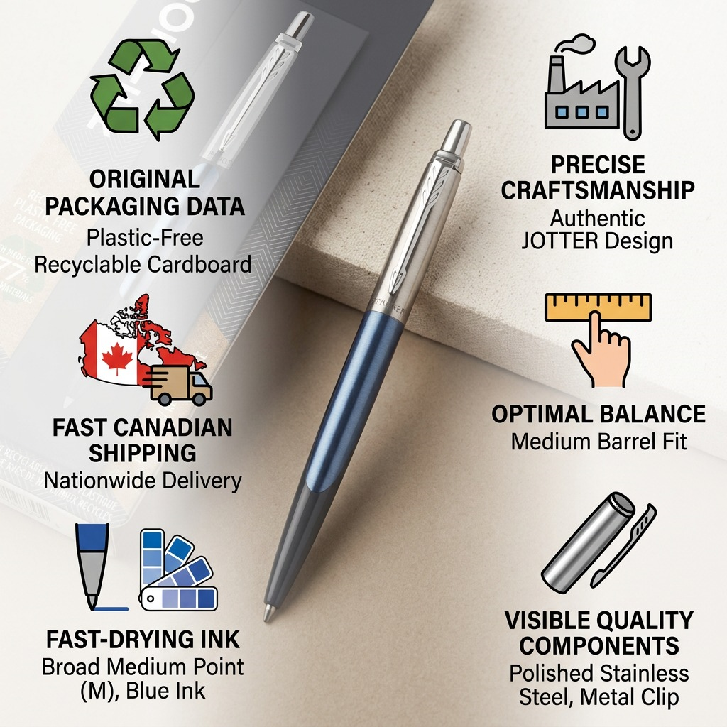 Infographic showing Parker Jotter Waterloo Blue pen features: fast Canadian shipping, blue ink, and stainless steel build.
