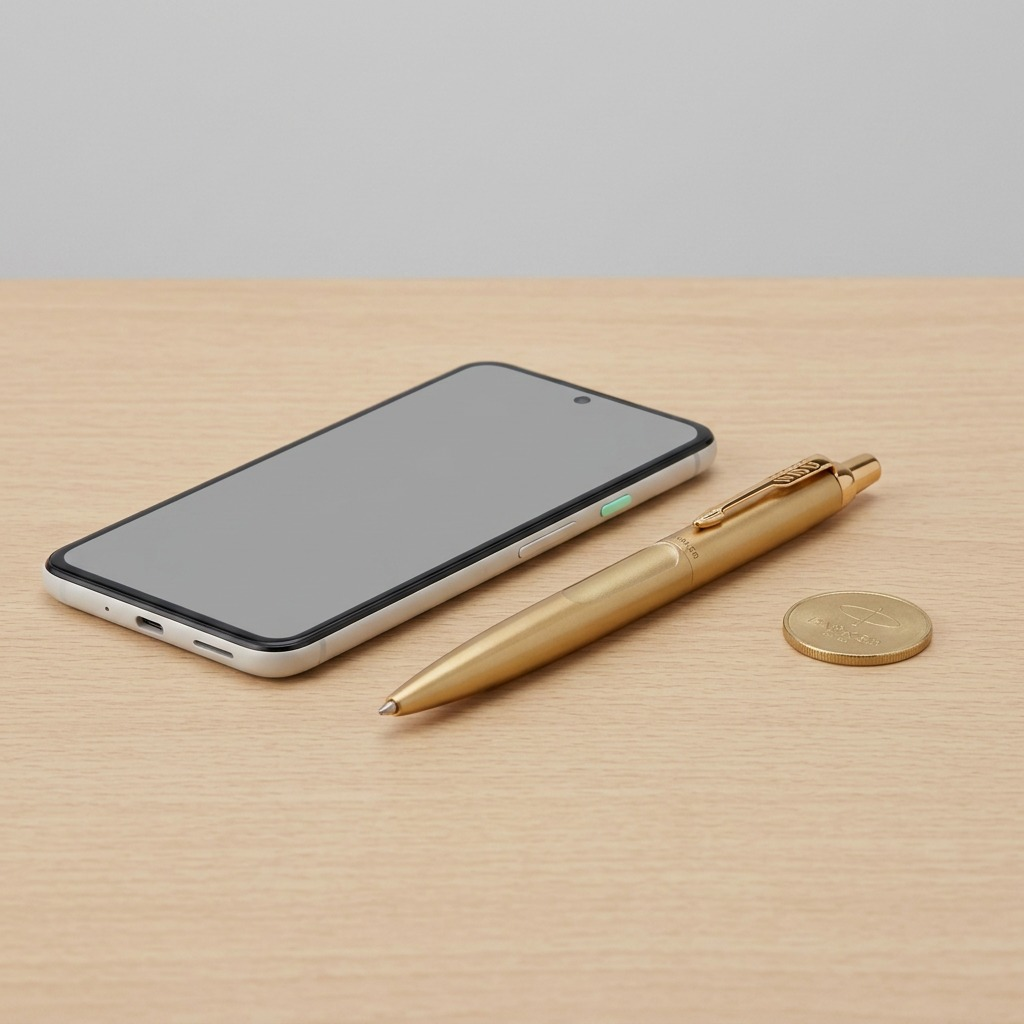 A Parker Jotter XL Monochrome Matte Gold pen on a desk next to a smartphone for scale reference.