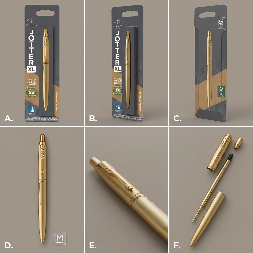 Grid showing the Parker Jotter XL Matte Gold pen in blister packaging, multiple angles, and disassembled.