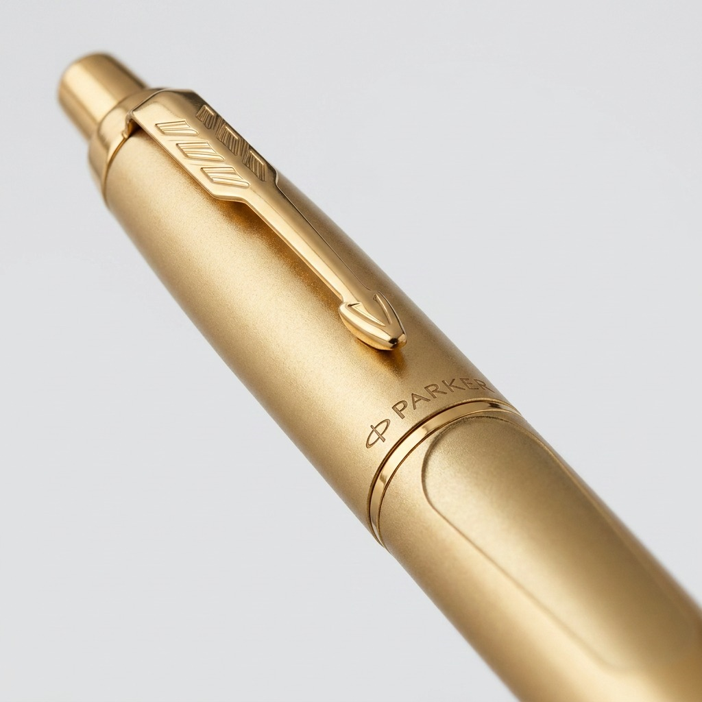 Macro detail of Parker Jotter XL Monochrome Matte Gold pen showing arrow clip and metal texture.