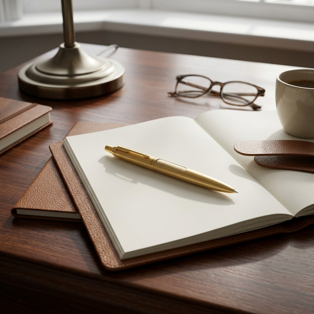 Parker Jotter XL Monochrome Matte Gold ballpoint pen on an open leather notebook in a home office.