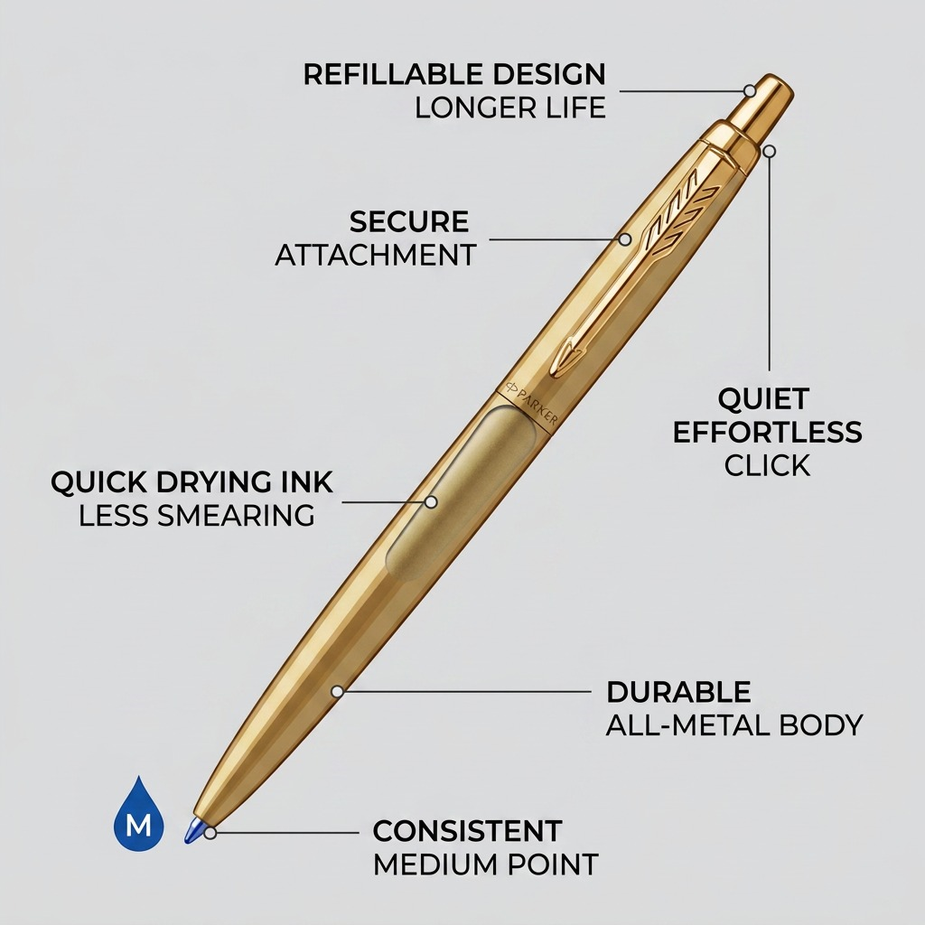 Feature callout of Parker Jotter XL Matte Gold Ballpoint Pen highlighting metal body and blue ink.