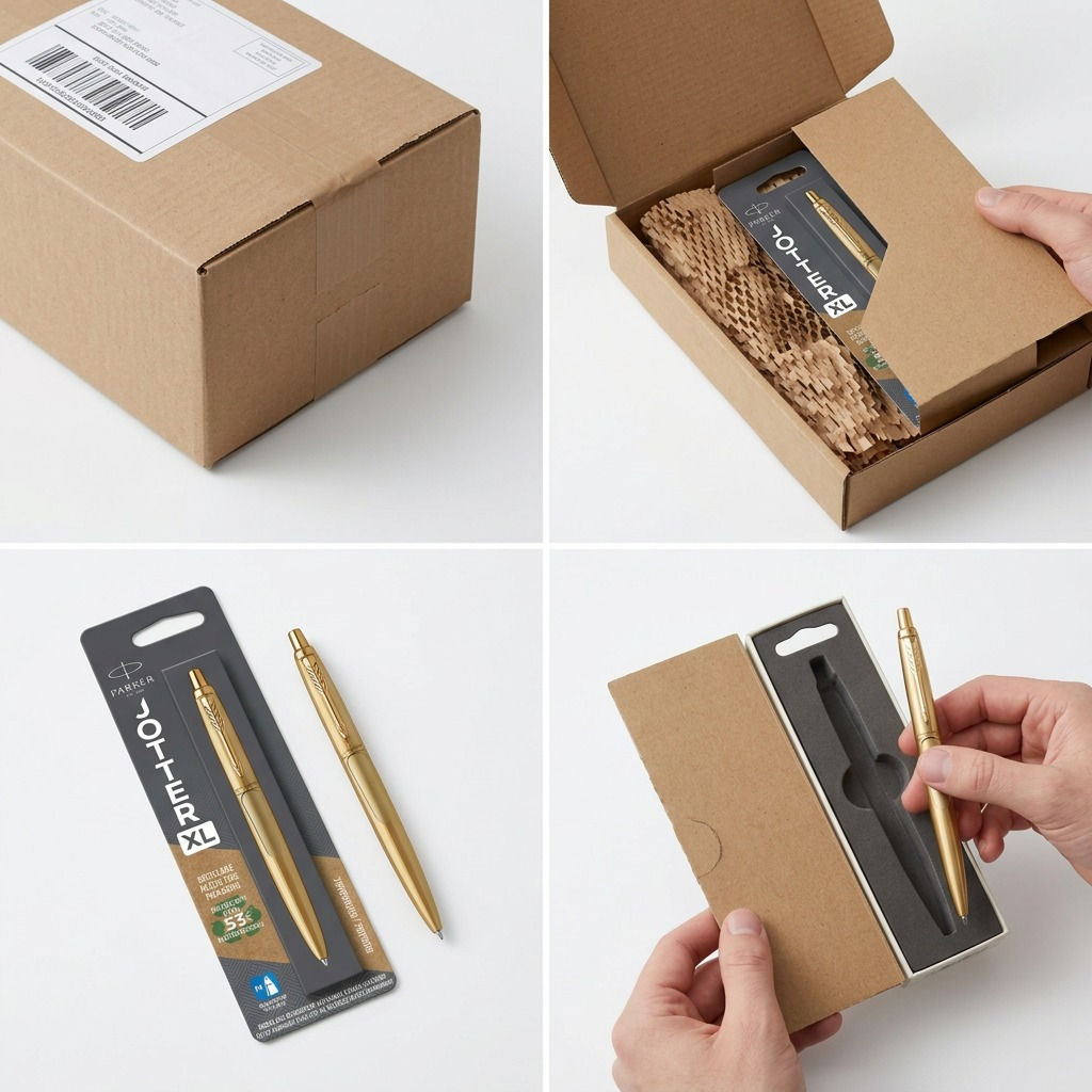 Unboxing a Parker Jotter XL Matte Gold pen from a secure shipping box with honeycomb padding.