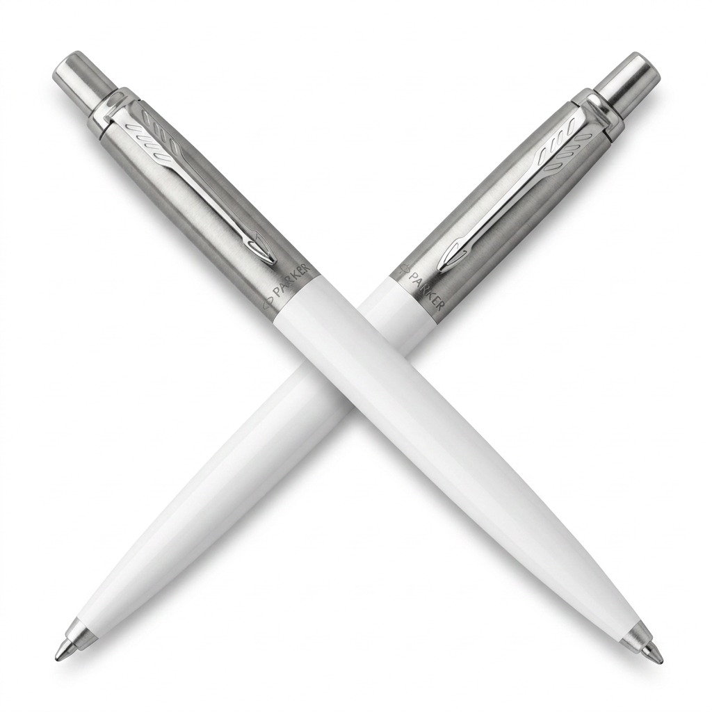 Two crossed Parker Jotter Originals ballpoint pens with classic white barrels and silver clips.