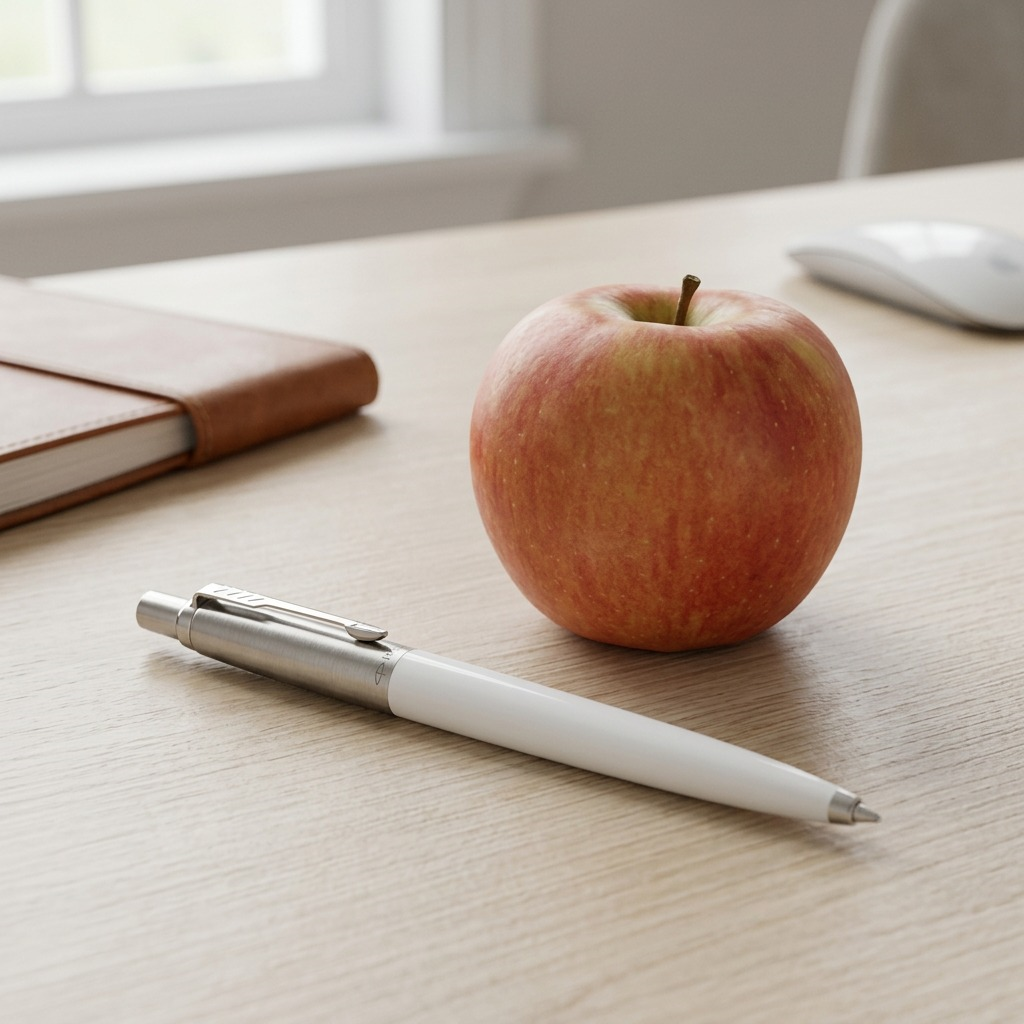 Parker Jotter Originals white ballpoint pen on a desk next to a red apple for scale reference.
