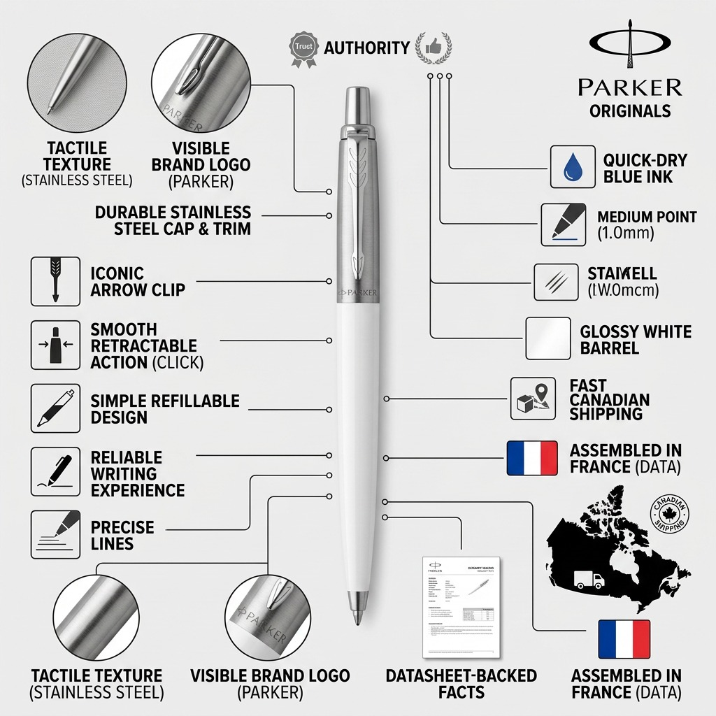 Infographic for white Parker Jotter Originals pen highlighting stainless steel trim, blue ink, and fast Canadian shipping.