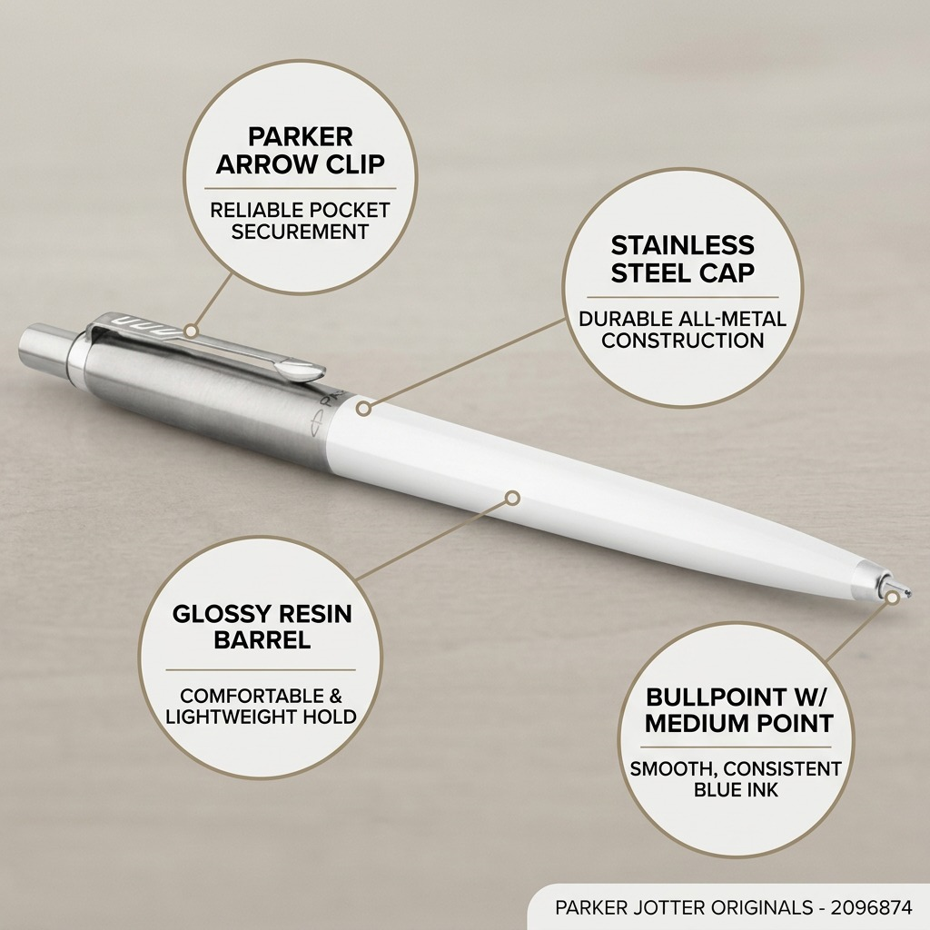 Feature graphic of a White Parker Jotter Originals pen highlighting its arrow clip, stainless steel cap, glossy resin barrel, and blue ink medium point.