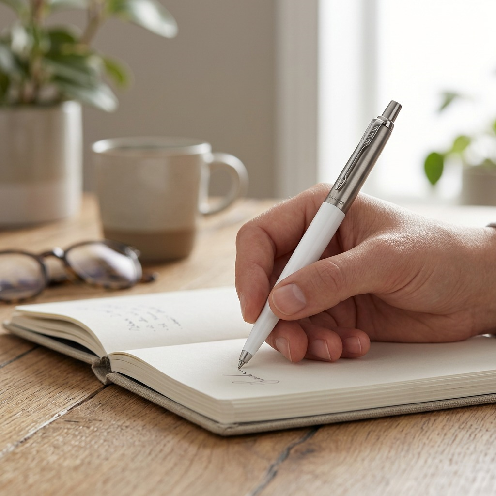 A hand writing in a journal with a white Parker Jotter Originals ballpoint pen on a wooden desk.