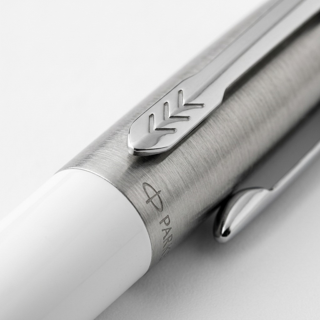 Macro detail of a white Parker Jotter Originals pen showing the brushed metal cap and arrow clip.