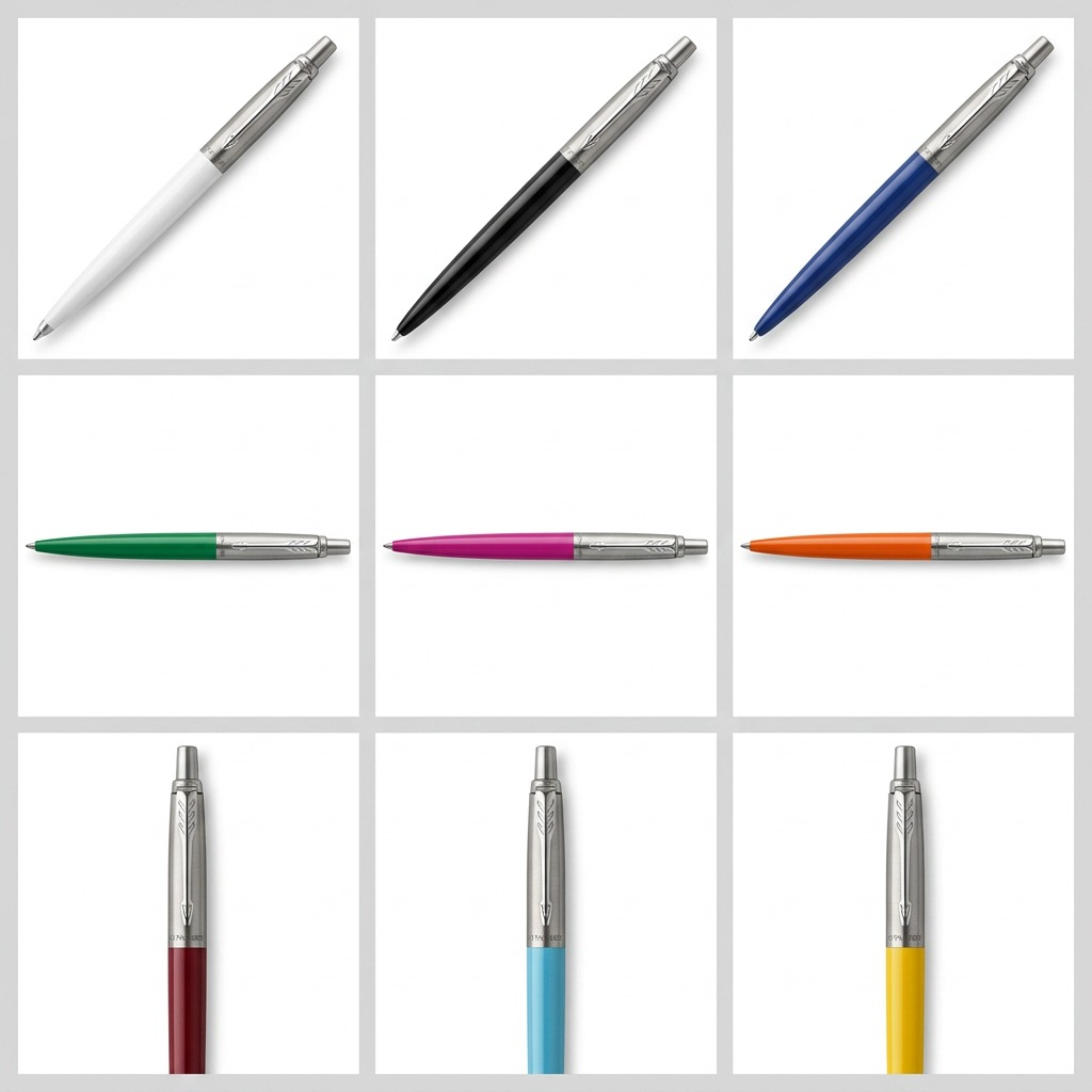 Grid displaying Parker Jotter Originals ballpoint pens in various colors including white, black, blue, and green.
