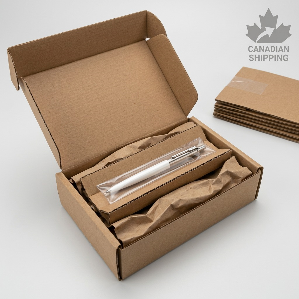 A White Parker Jotter Originals pen securely packed in a cardboard shipping box with protective paper.