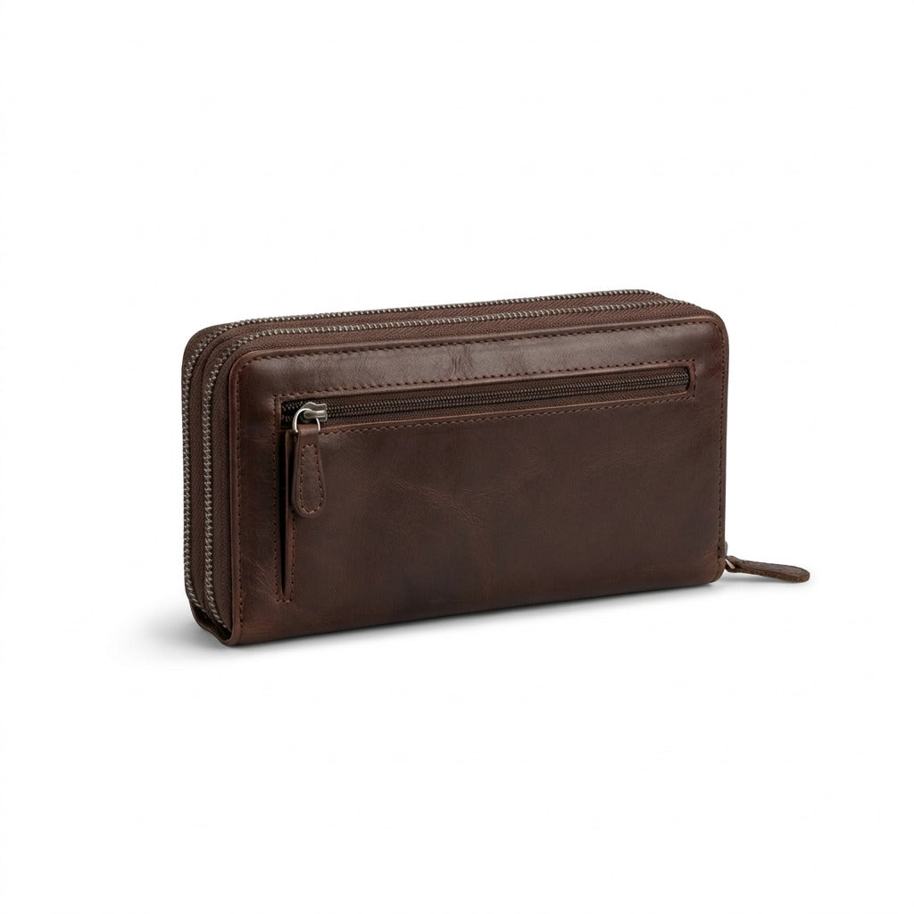 Mancini Arizona Ladies' Clutch Wallet in brown buffalo leather with RFID protection and dual zippers.