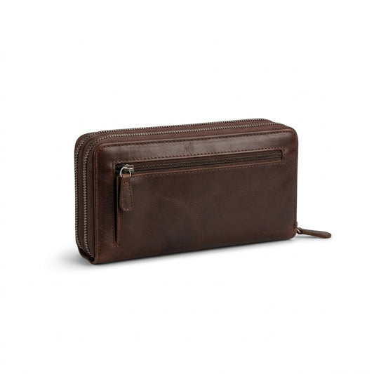 Mancini Arizona Ladies' Clutch Wallet in brown buffalo leather with RFID protection and dual zippers.
