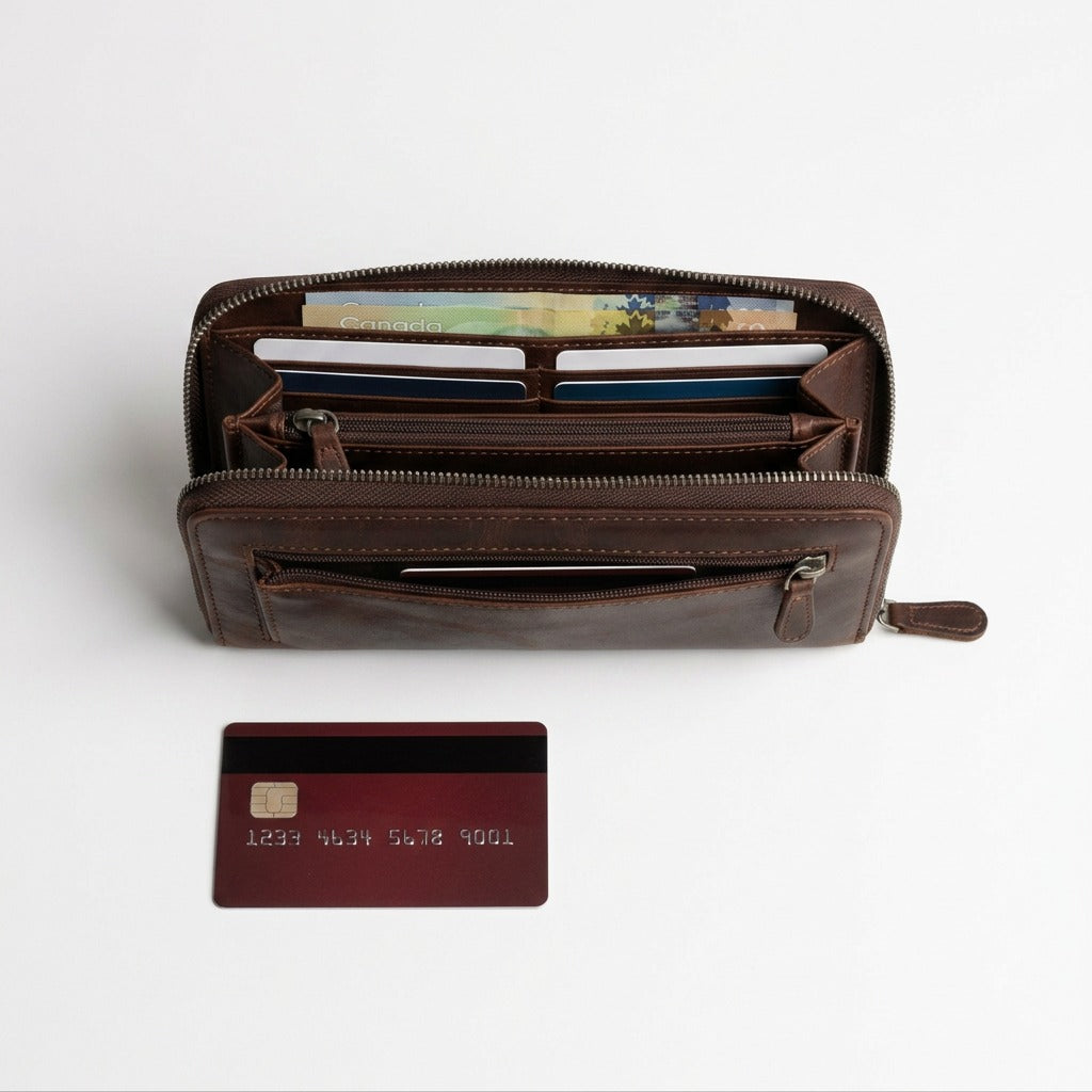 Brown leather Mancini Arizona clutch wallet shown next to a credit card for scale reference.