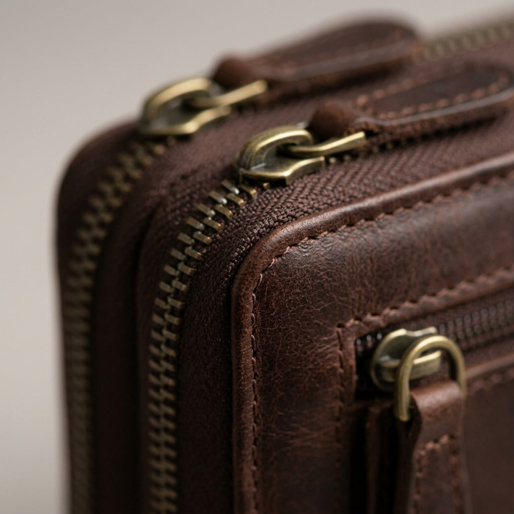 Macro view of Mancini Arizona brown buffalo leather clutch showing brass zippers and stitching.