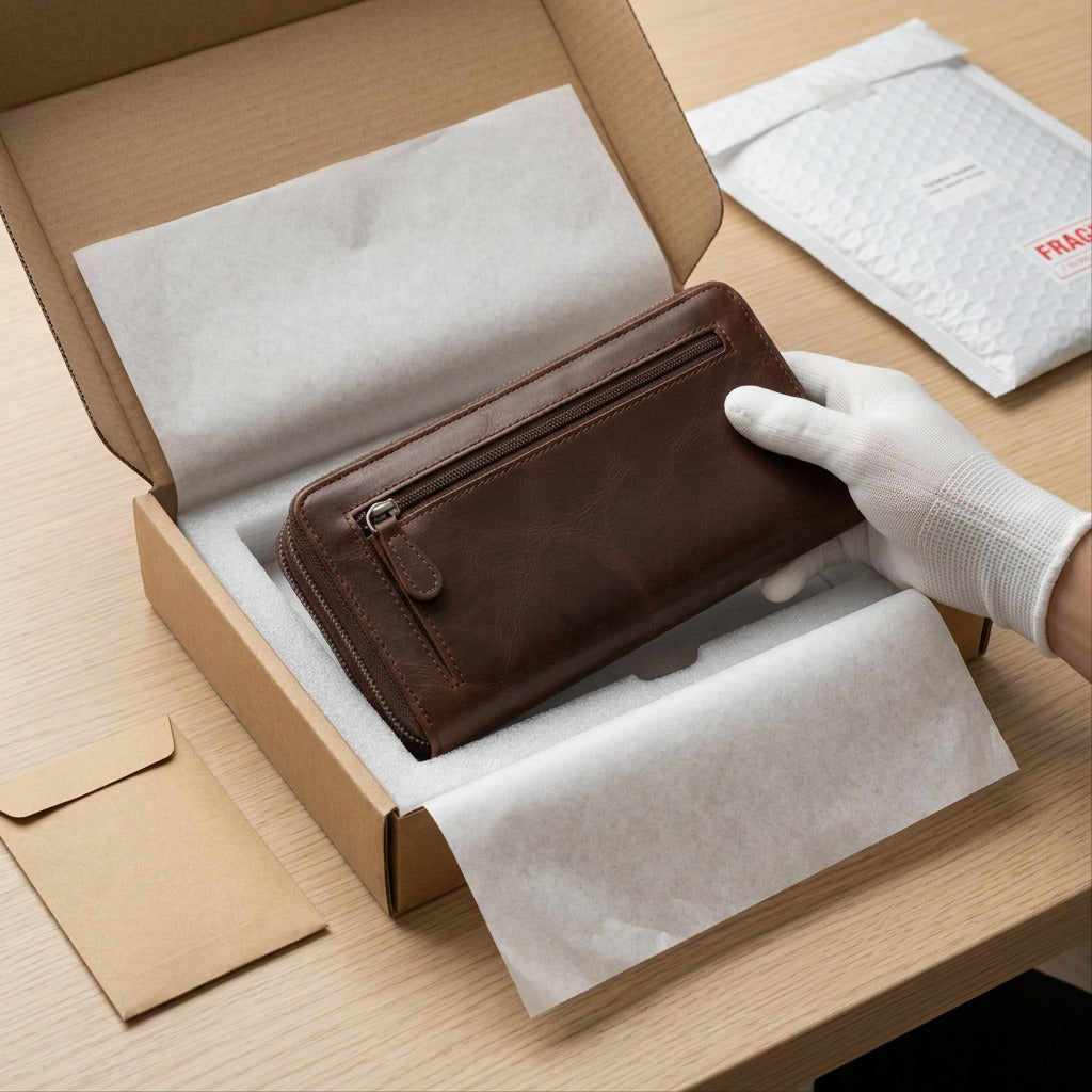 A gloved hand unboxing a brown Mancini leather clutch wallet from secure shipping packaging.