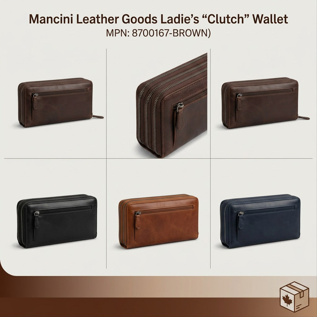 Mancini Arizona leather clutch wallet in black, brown, tan, and navy blue with triple zip sections.