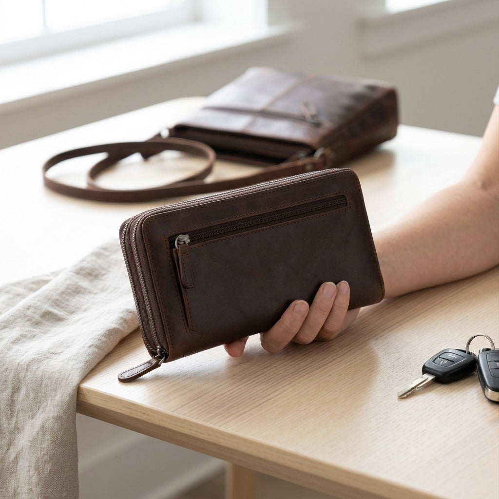 Brown Mancini Arizona leather clutch wallet held over a table beside keys and a matching bag.