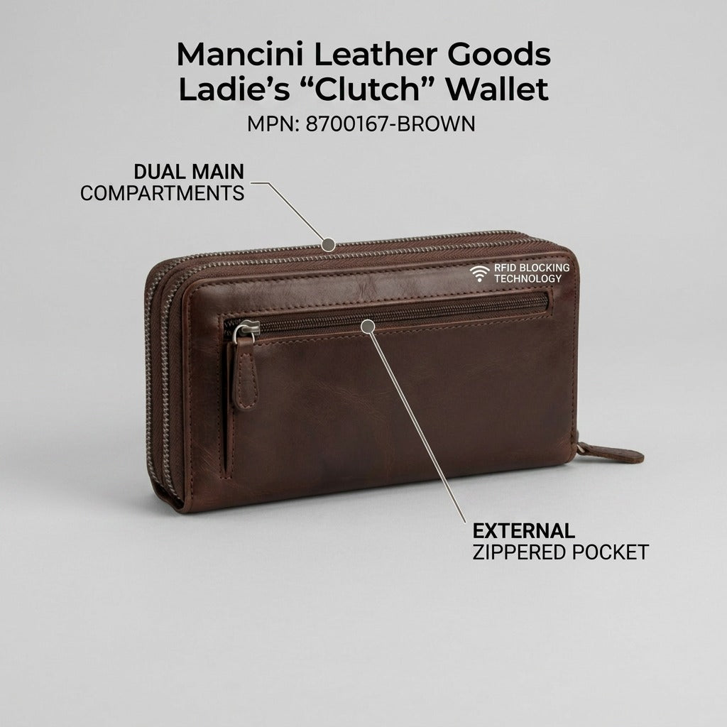 Brown Mancini leather clutch wallet featuring dual main compartments and external zippered pocket.
