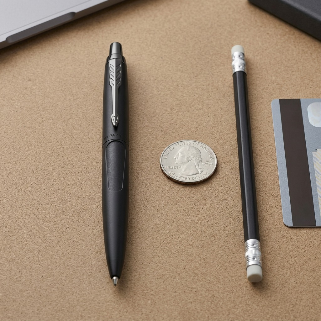Parker Jotter XL Monochrome Matte Black Pen shown next to a quarter and pencil for scale reference.