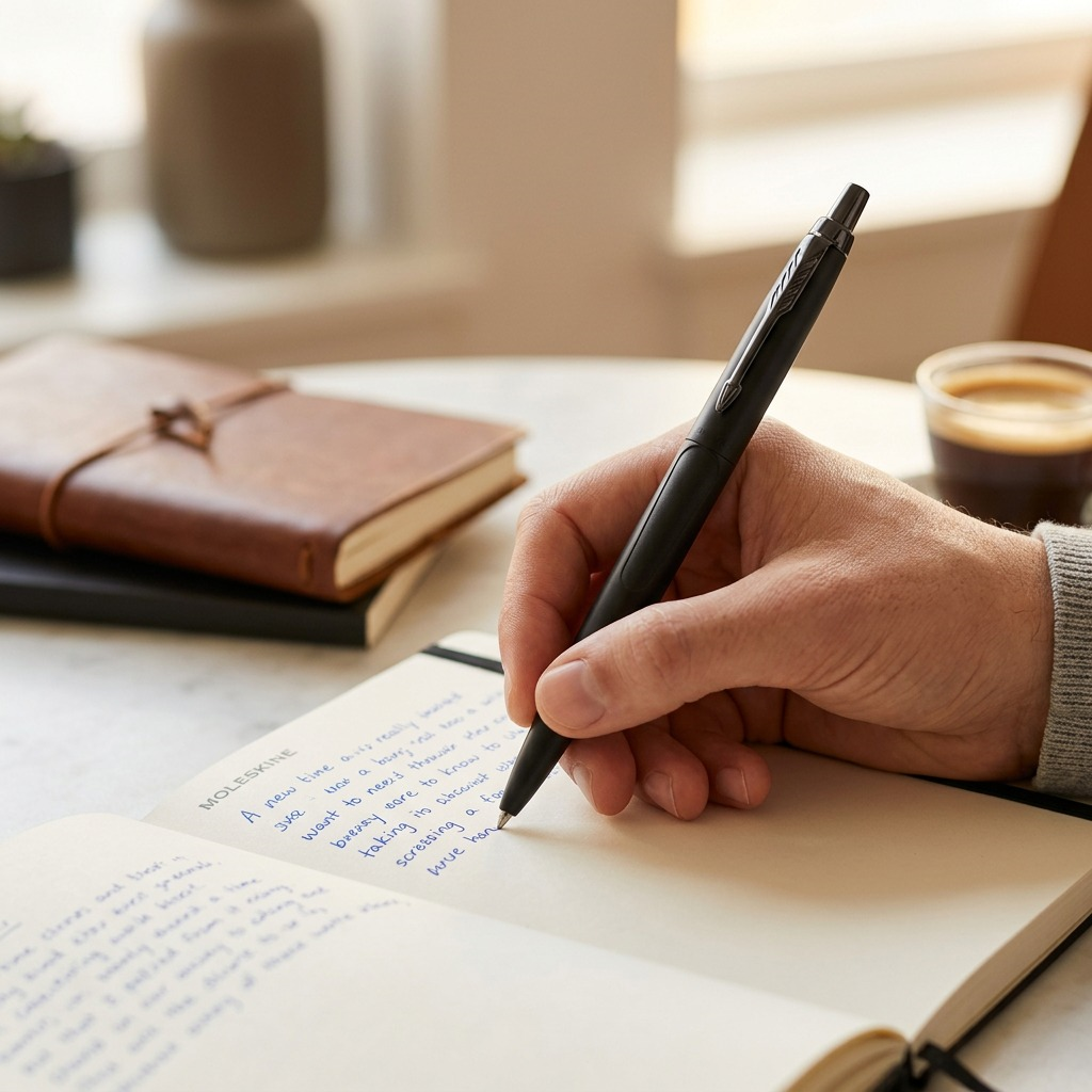 Person writing in a notebook with a Parker Jotter XL Monochrome Matte Black ballpoint pen.
