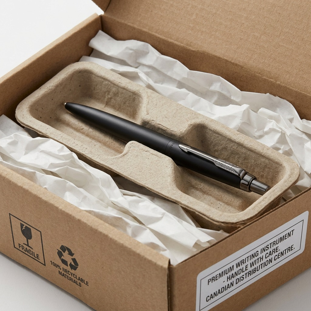 Parker Jotter XL Matte Black Pen inside secure cardboard shipping box with protective padding