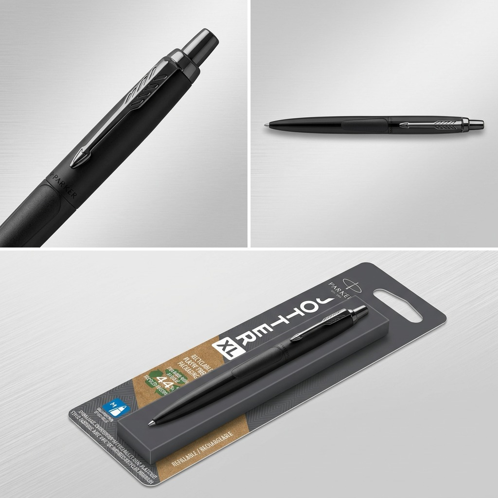 Parker Jotter XL Ballpoint Pen in Monochrome Matte Black shown from three angles and in packaging.