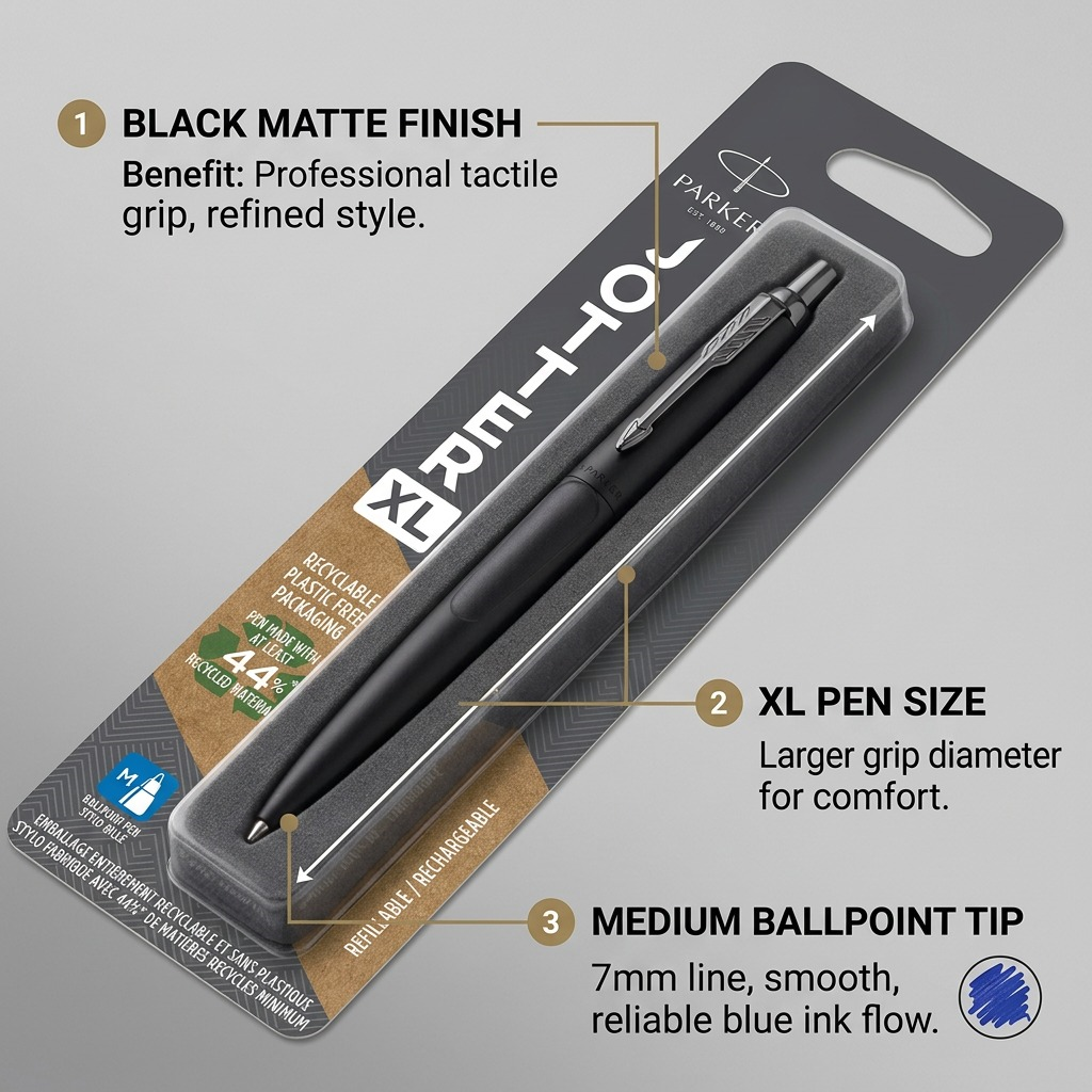 Parker Jotter XL monochrome matte black ballpoint pen in blister pack with feature callouts.