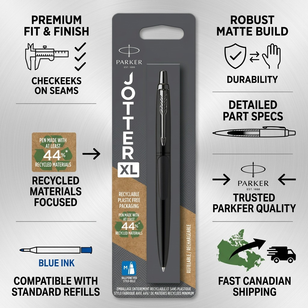 Infographic for Parker Jotter XL Matte Black Pen highlighting durability and fast Canadian shipping.