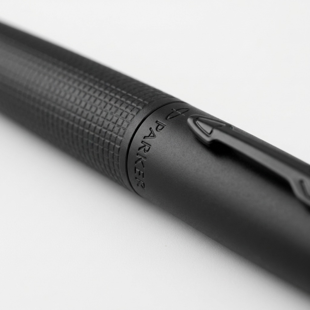 Macro detail of the Parker Jotter XL Monochrome Matte Black pen barrel and engraved logo ring.