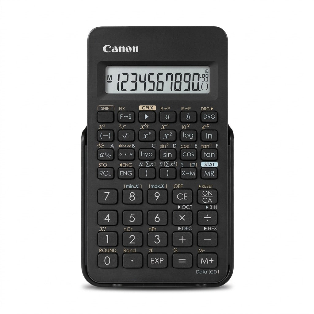 Front view of a black Canon F-605G scientific calculator with a 10+2 digit display on white.
