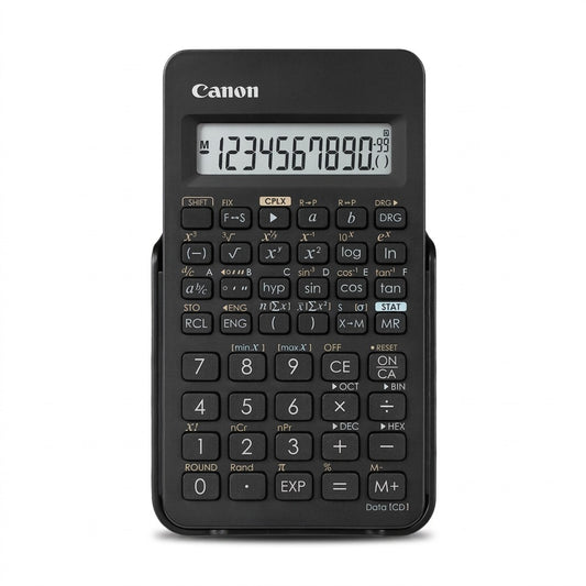 Front view of a black Canon F-605G scientific calculator with a 10+2 digit display on white.