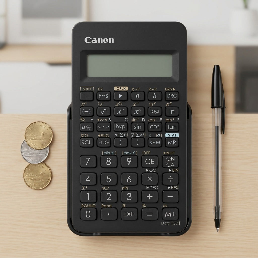 Black Canon F-605G scientific calculator on a desk next to a pen and coins for size reference.