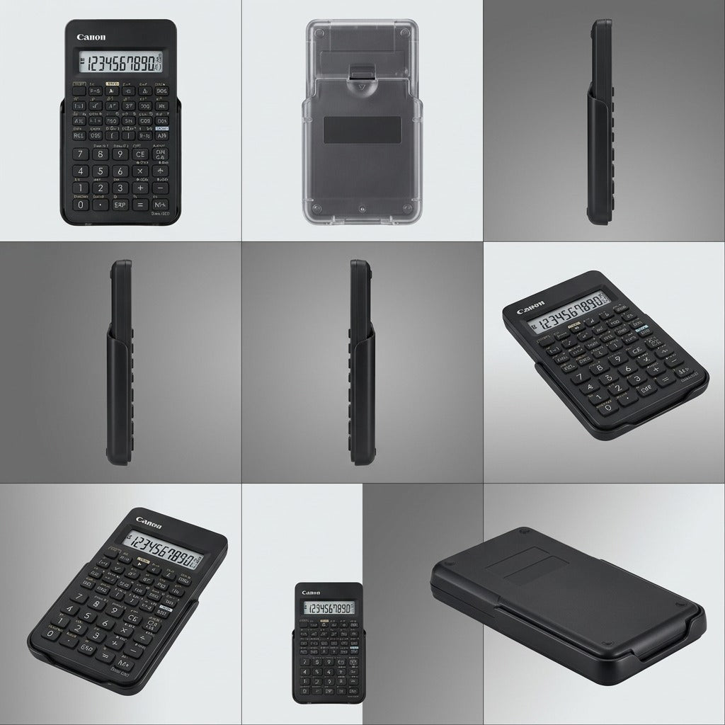 Matrix of the Canon F-605G scientific calculator from front, back, side, and angled perspectives.