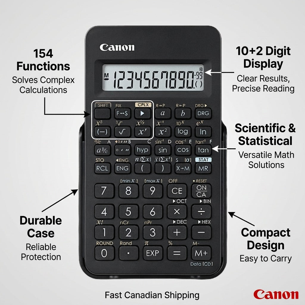 Canon F-605G scientific calculator with callouts highlighting 154 functions and 10+2 digit display.