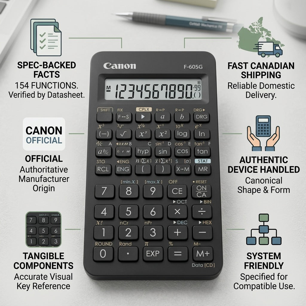 Infographic for Canon F-605G Scientific Calculator highlighting 154 functions and fast Canadian shipping.