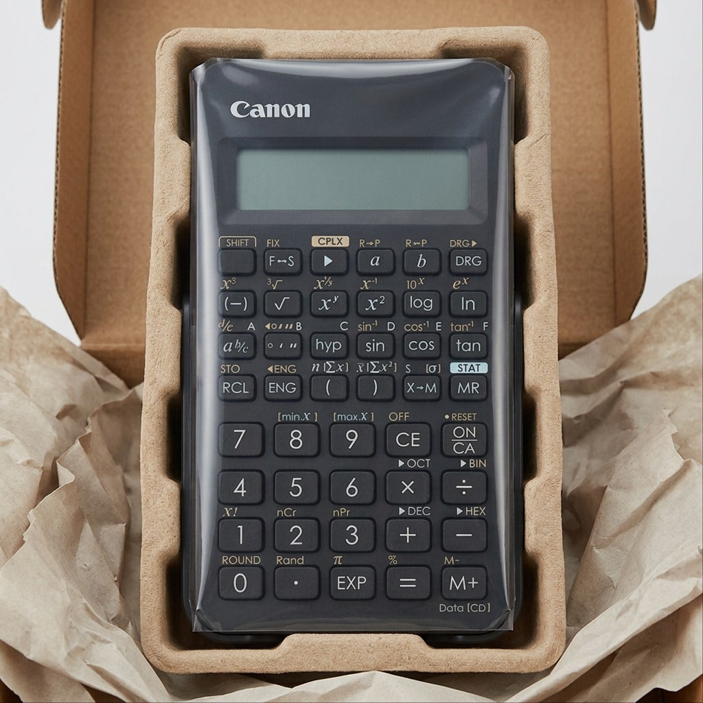 Canon F-605G scientific calculator securely packed in protective shipping materials and box.