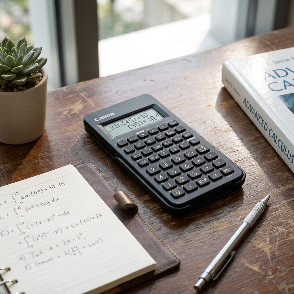 Canon F-605G scientific calculator on a wooden desk next to a notebook and calculus textbook.